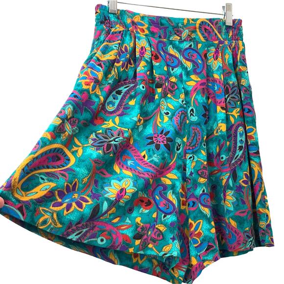 80s 90s High Waist Flowy Rayon Shorts Wide Leg Teal & Multicolor Floral Petite - Picture 3 of 10
